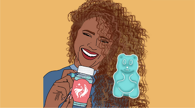 a woman of colour holds up a hair supplement bottle filled with bear-shaped supplements